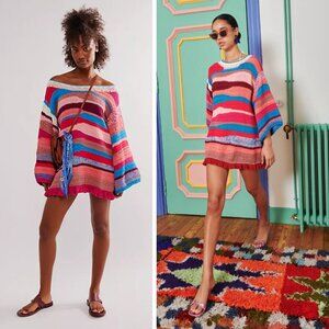 NEW CeliaB Celebes Dress Crochet Pink Oversized Nautical Beach Preppy Bohemian